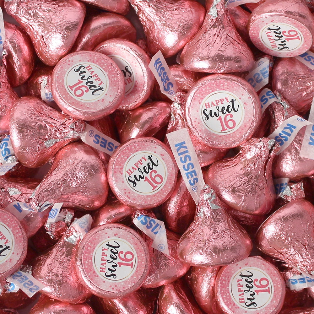 85 Pcs Sweet 16 Birthday Pink Stickered Hersheys Milk Chocolate Kisses (13.6oz Bag) - By Just Candy