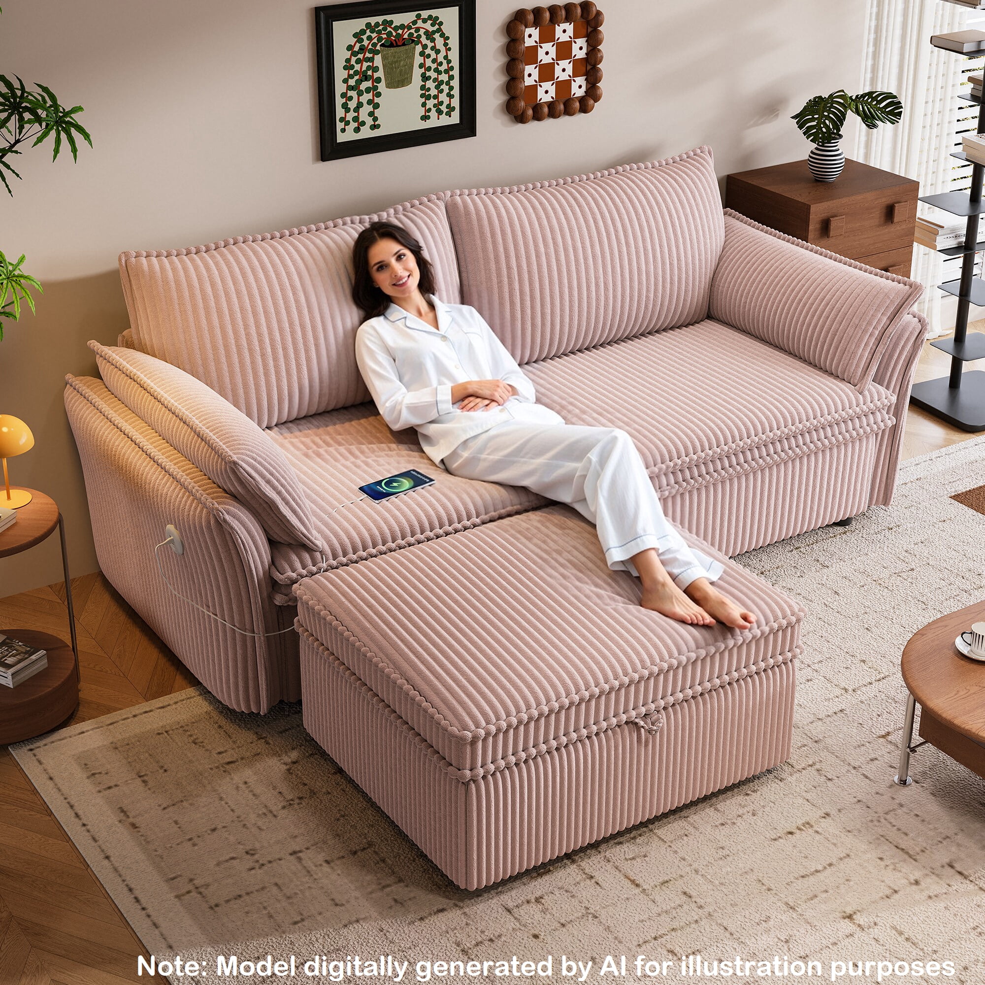 85" Pull Out Sofa Bed Full Size, Pre-Assembled Corduroy Sleeper Sofa, Convertible Loveseat Futon Couch with Storage Ottoman, USB, Pillows, for Apartment, Living Room, Small Spaces, Pink