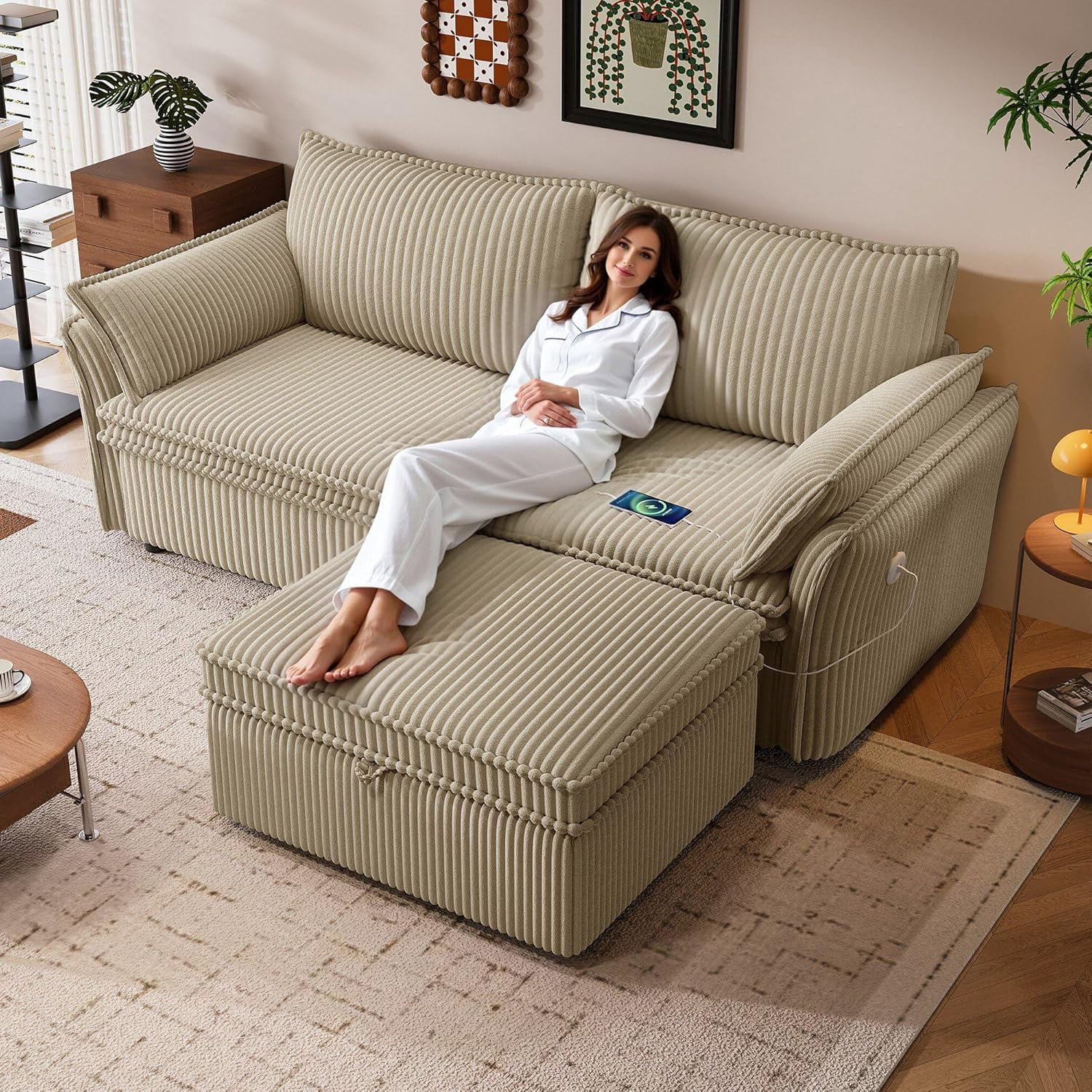 85" Pull Out Sofa Bed Full Size, Pre-Assembled Corduroy Sleeper Sofa, Convertible Loveseat Futon Couch with Storage Ottoman, USB, Pillows, for Apartment, Living Room, Small Spaces, Camel