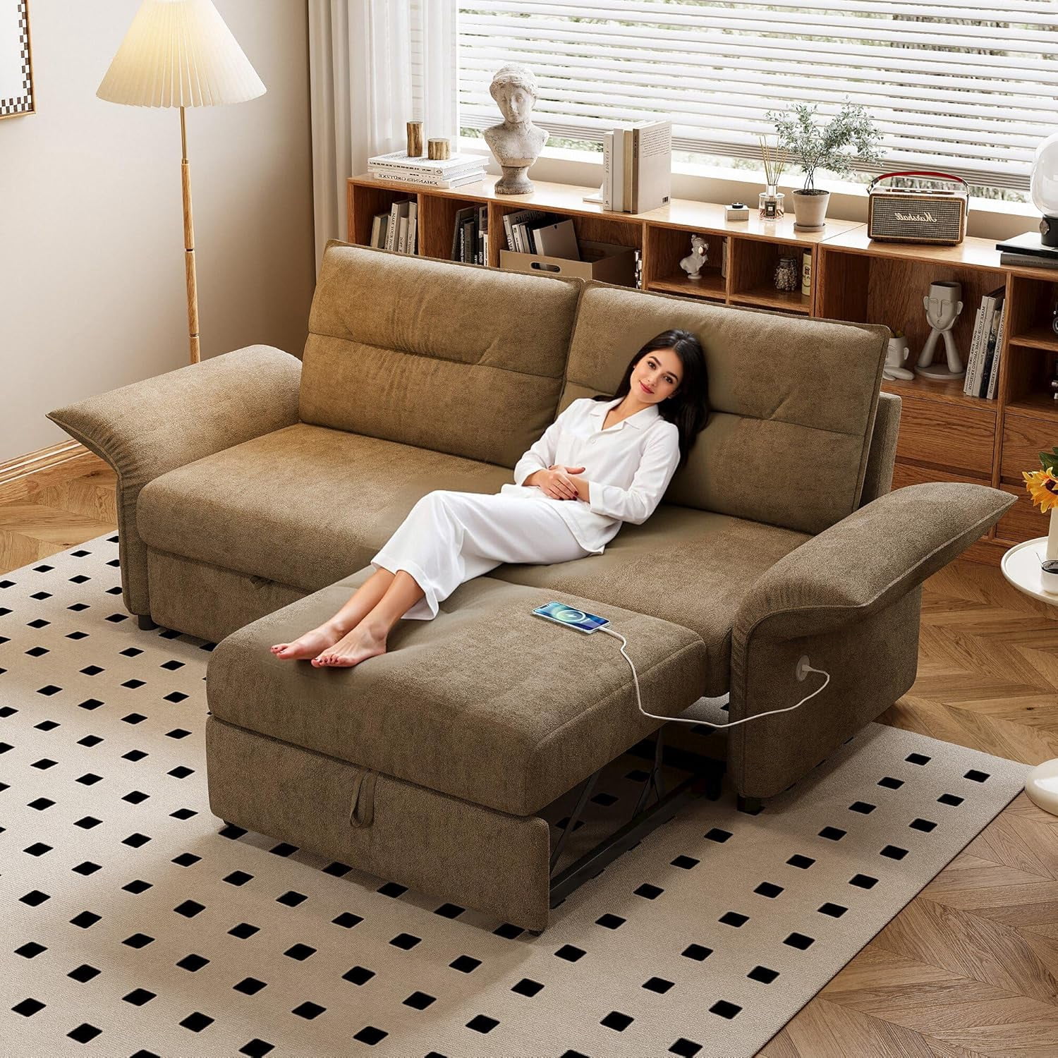 85" Pull Out Sofa Bed Full Size, Pre-Assembled Flannel Sleeper Sofa, Convertible Loveseat Futon Couch, Adjustable Armrest with USB, Pillows, for Apartment, Living Room, Small Spaces, Brown