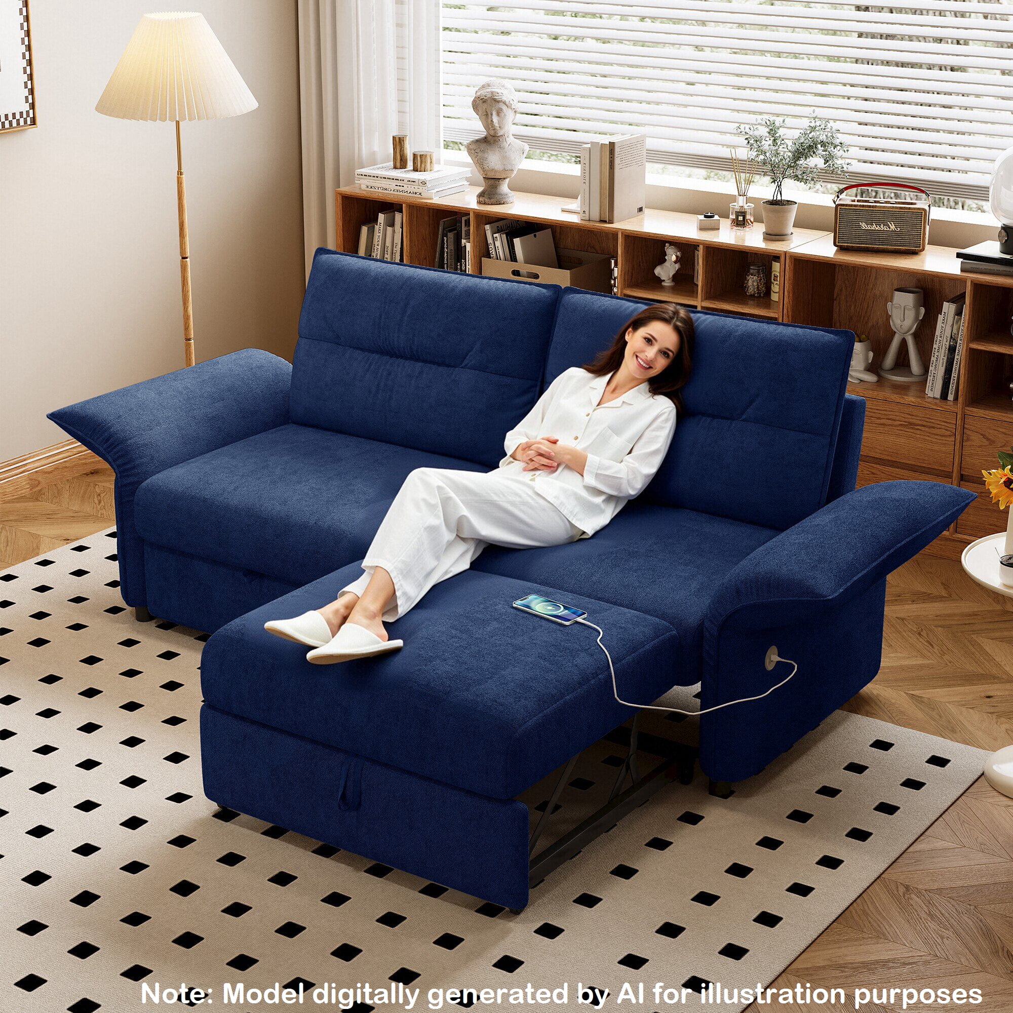 85" Pull Out Sofa Bed Full Size, Pre-Assembled Flannel Sleeper Sofa, Convertible Loveseat Futon Couch, Adjustable Armrest with USB, Pillows, for Apartment, Living Room, Small Spaces, Blue