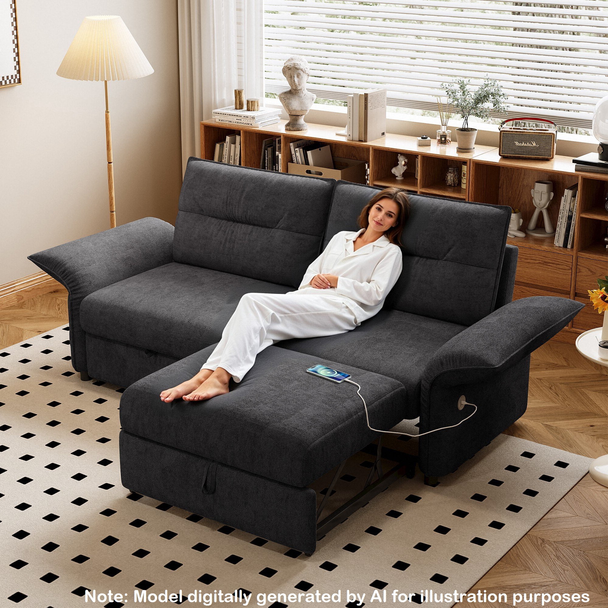85" Pull Out Sofa Bed Full Size, Pre-Assembled Flannel Sleeper Sofa, Convertible Loveseat Futon Couch, Adjustable Armrest with USB, Pillows, for Apartment, Living Room, Small Spaces, Dark Grey