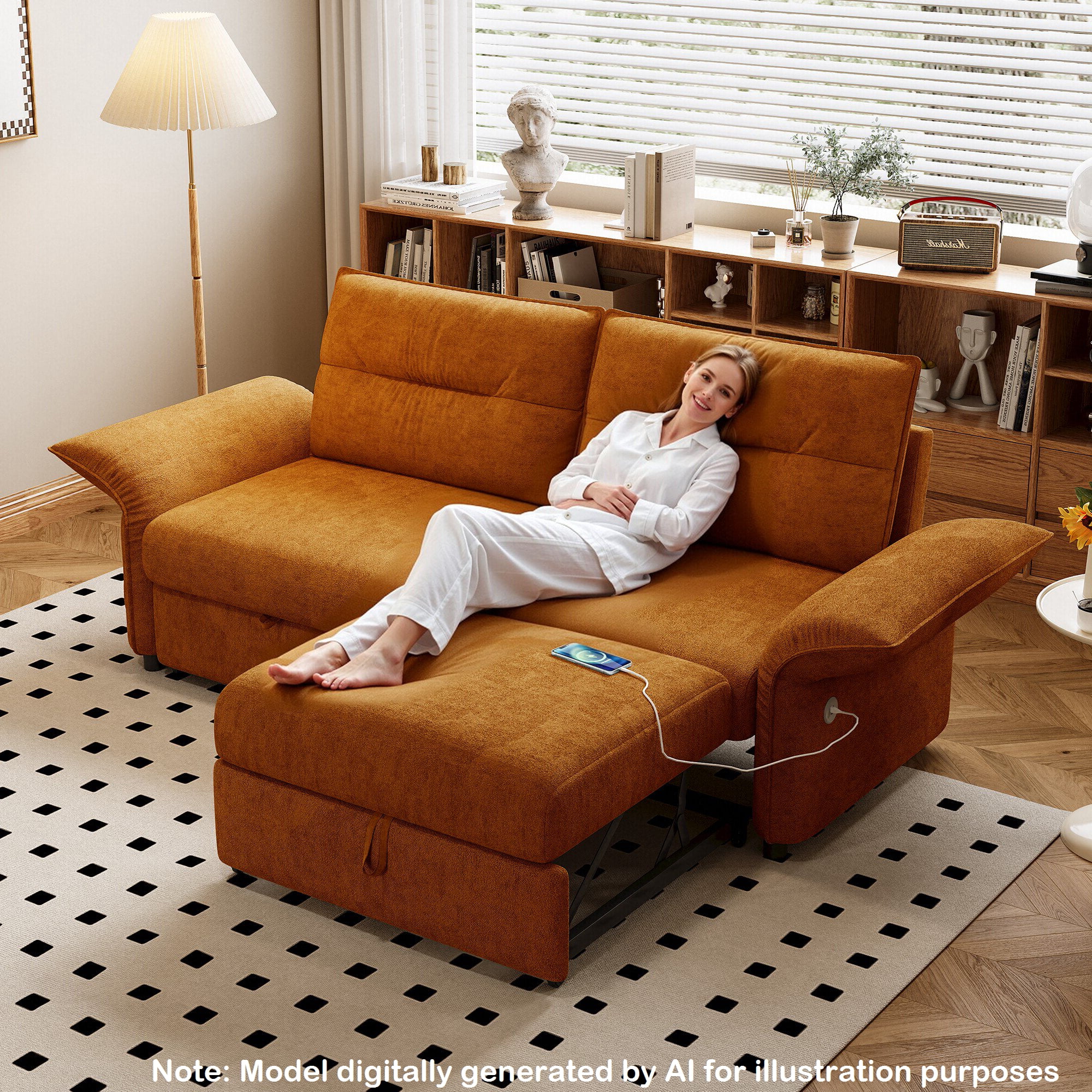 85" Pull Out Sofa Bed Full Size, Pre-Assembled Flannel Sleeper Sofa, Convertible Loveseat Futon Couch, Adjustable Armrest with USB, Pillows, for Apartment, Living Room, Small Spaces, Orange
