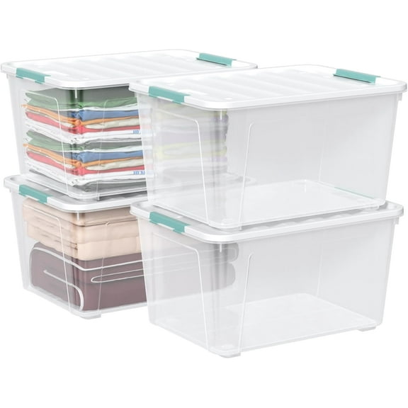 85 Quart Plastic Clear Bins with Lids, Large Plastic Storage Boxes with Wheels, 4 Packs