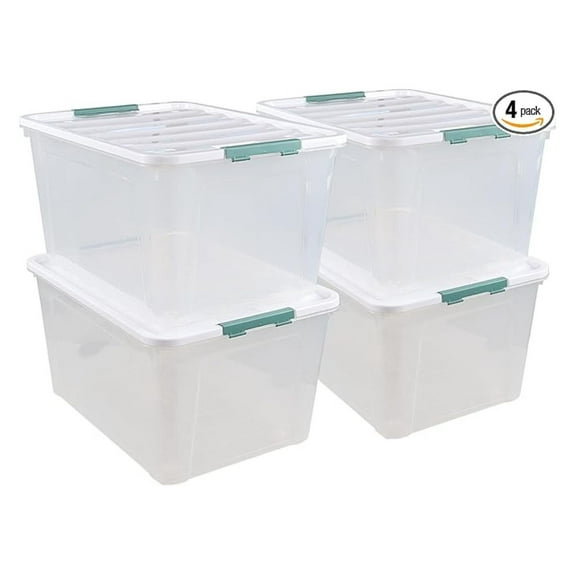85 Quart Storage Bins with Wheels (4 Pack), Clear Plastic Latching Boxes - 21 Gallon Heavy Duty Containers for Clothes, Bedding, Toys & Home Organization