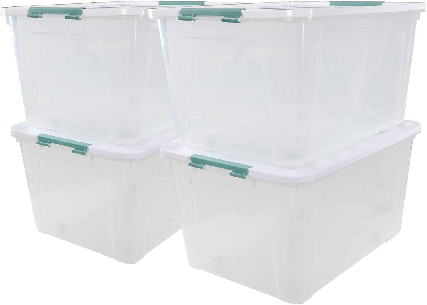 85 Quarts Large Lidded Storage Bins with Wheels, Plastic Clear Latching