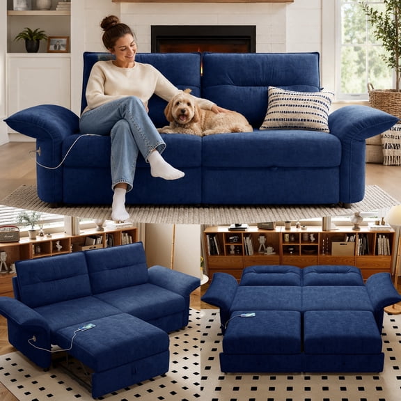 85" Queen Size Sofa Bed, Loveseat Sleeper Sofa with Pull Out Bed and USB, Modern 2 Seater Convertible Couch for Living Room Bedroom Apartment, Plush,Blue