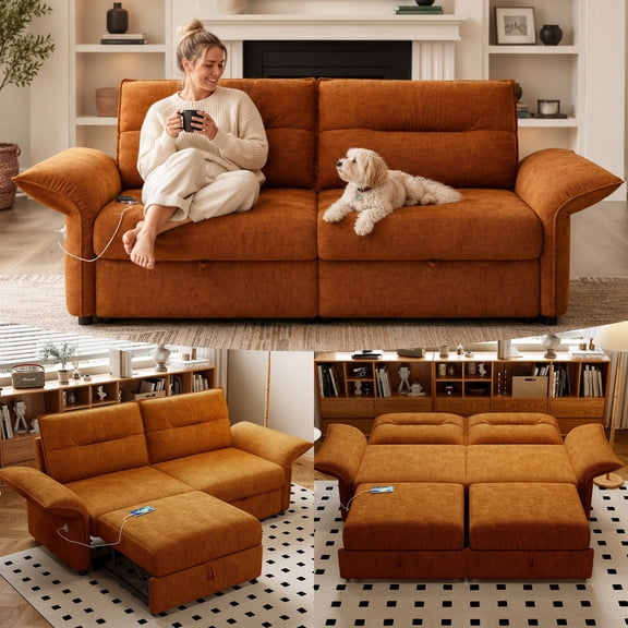 85" Queen Size Sofa Bed, Loveseat Sleeper Sofa with Pull Out Bed and USB, Modern 2 Seater Convertible Couch for Living Room Bedroom Apartment, Plush,Orange