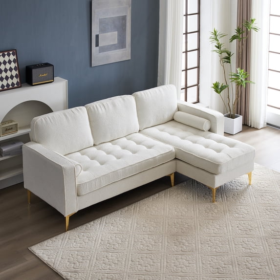 85" Sectional Sofa Couch with Reversible Chaise, L-Shape Couch with Bolster Pillows and Metal Legs, Boucle Yarn Fabric Convertible Sofa for Living Room Apartment Small Space, Beige