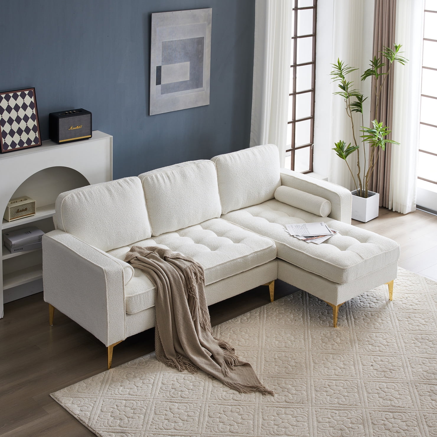 85” Sectional Sofa, L Shape Sofa, Modern Large Boucle Yarn Fabric Modular Couch, Retro Extra