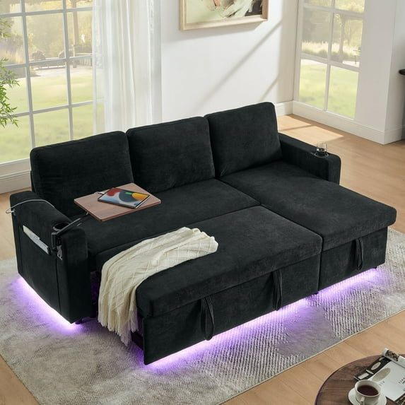 85" Sleeper Sofa, Sectional Couch with Storage Chaise, L Shaped Couch with Retractable Table, Cup Holders, LED and USB, Pull Out Sofa for Living Room Bedroom Apartment(Chenille, Black)