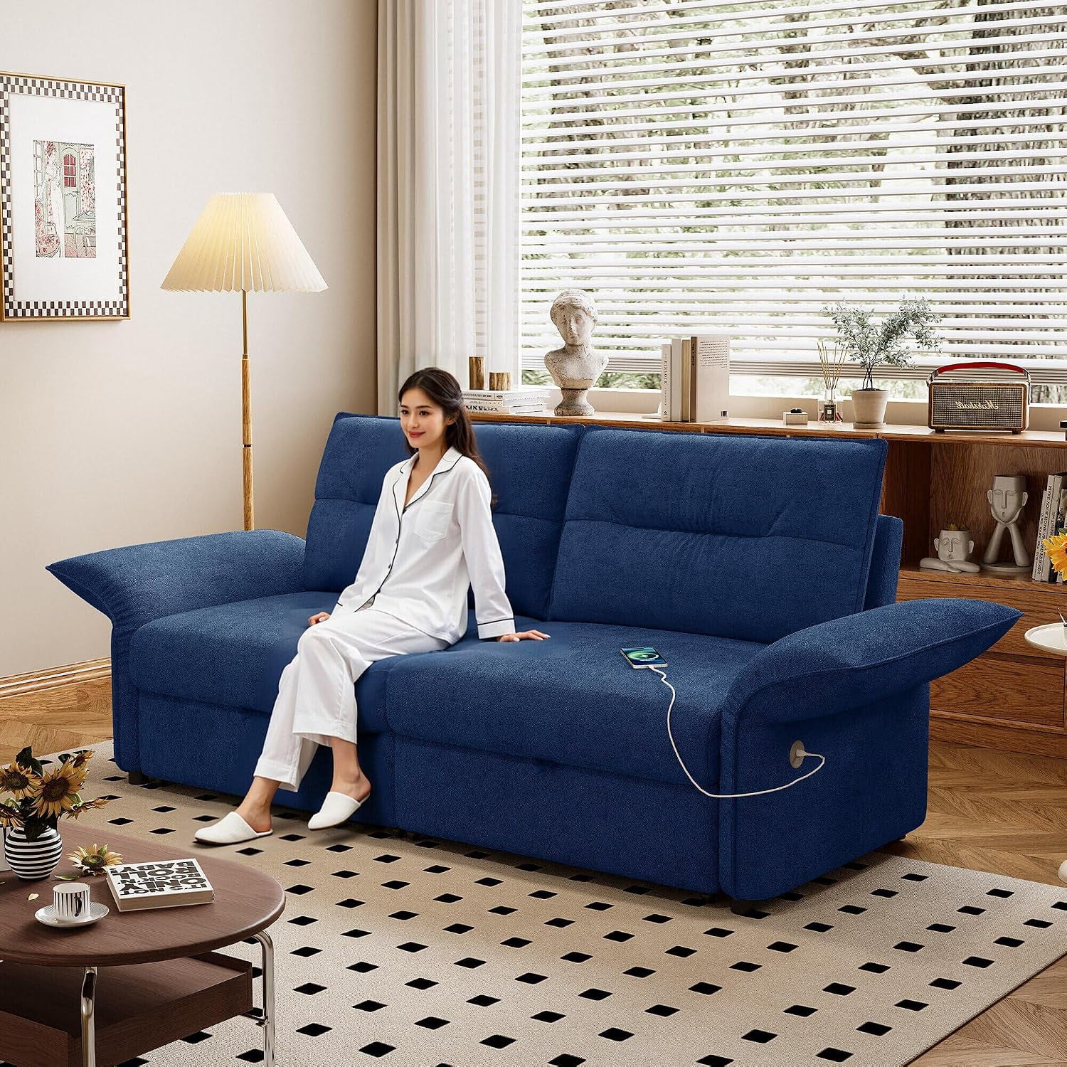 85'' Sofa Bed Full, Assembly, 3 in 1 Sleeper Sofa Beds, Flannel Pull Out Couch for Living Room, Charging & Adjustable Armrest, Comfy Loveseat for Small Space, Flannel Blue