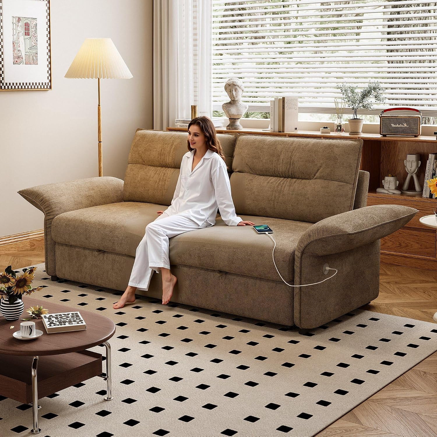 85'' Sofa Bed Full, Assembly, 3 in 1 Sleeper Sofa Beds, Flannel Pull Out Couch for Living Room, Charging & Adjustable Armrest, Comfy Loveseat for Small Space, Flannel Brown