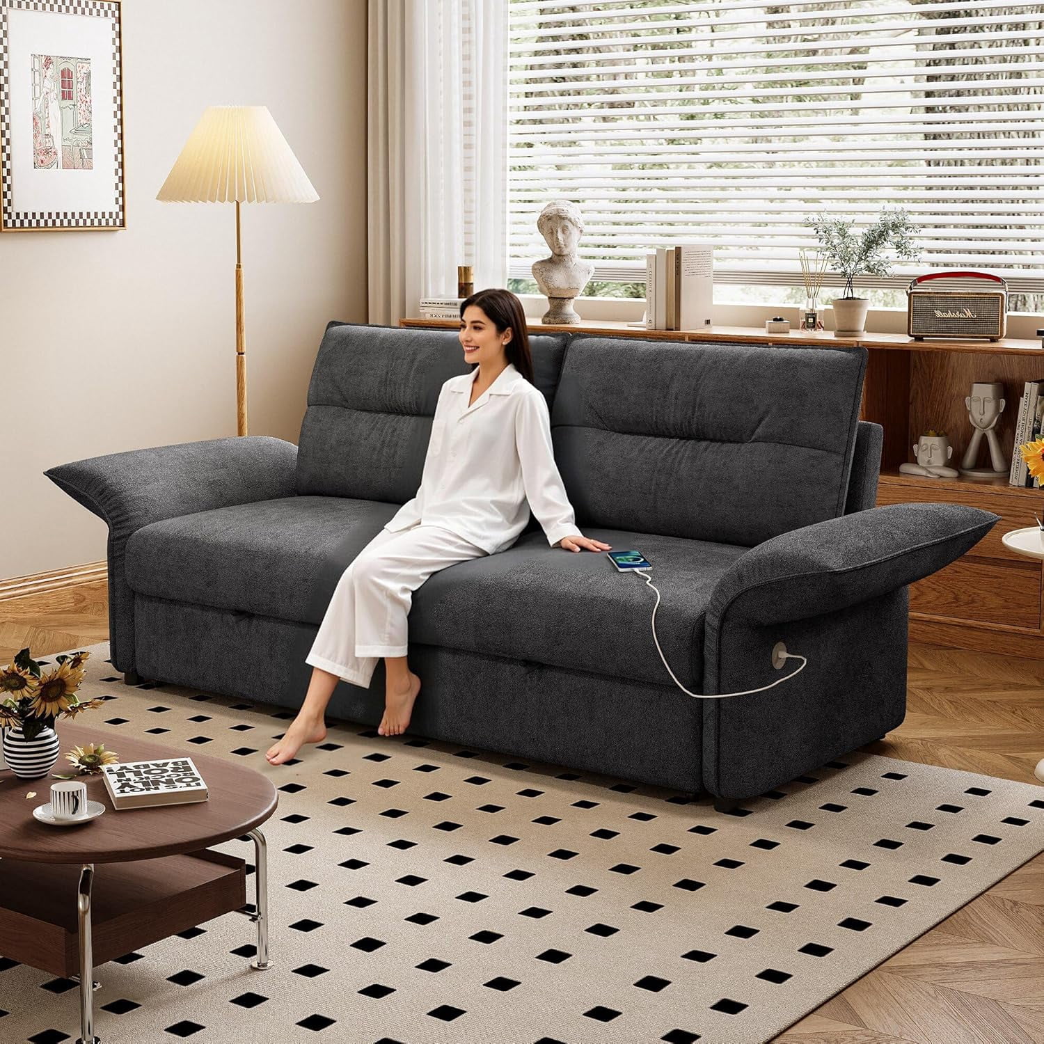 85'' Sofa Bed Full, Assembly, 3 in 1 Sleeper Sofa Beds, Flannel Pull Out Couch for Living Room, Charging & Adjustable Armrest, Comfy Loveseat for Small Space, Flannel Dark Grey