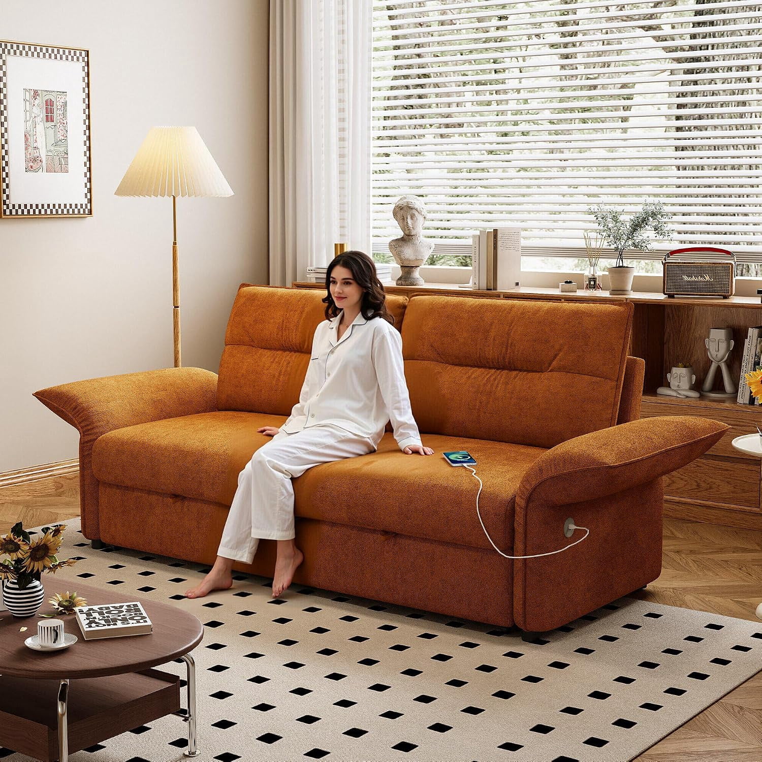 85'' Sofa Bed Full, Assembly, 3 in 1 Sleeper Sofa Beds, Flannel Pull Out Couch for Living Room, Charging & Adjustable Armrest, Comfy Loveseat for Small Space, Flannel Orange
