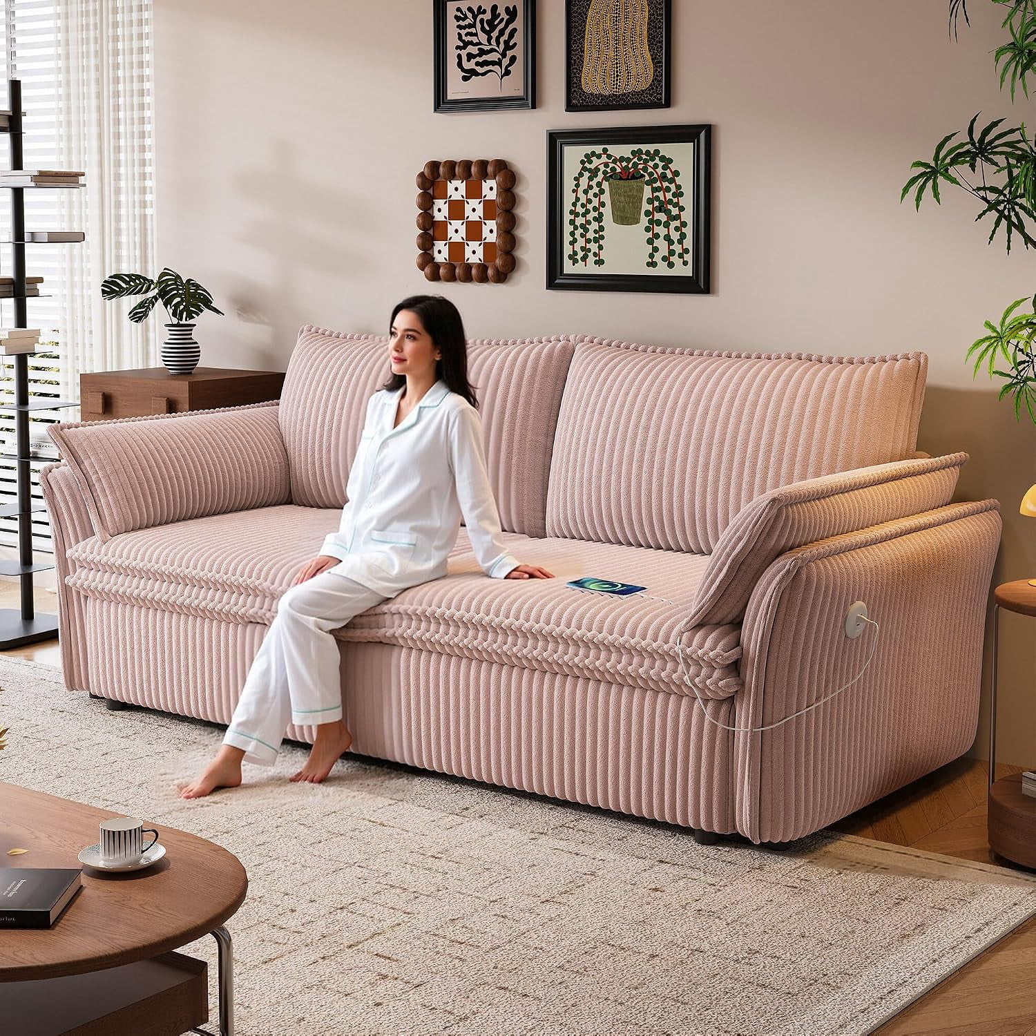 85'' Sofa Bed Full Size, Tool-Free Assembly, 3 in 1 Convertable Sleeper Sofa, Corduroy Couches with Pull Out Bed, USB & Storage, Modern Loveseat for Small Space, Living Room, Corduroy Pink