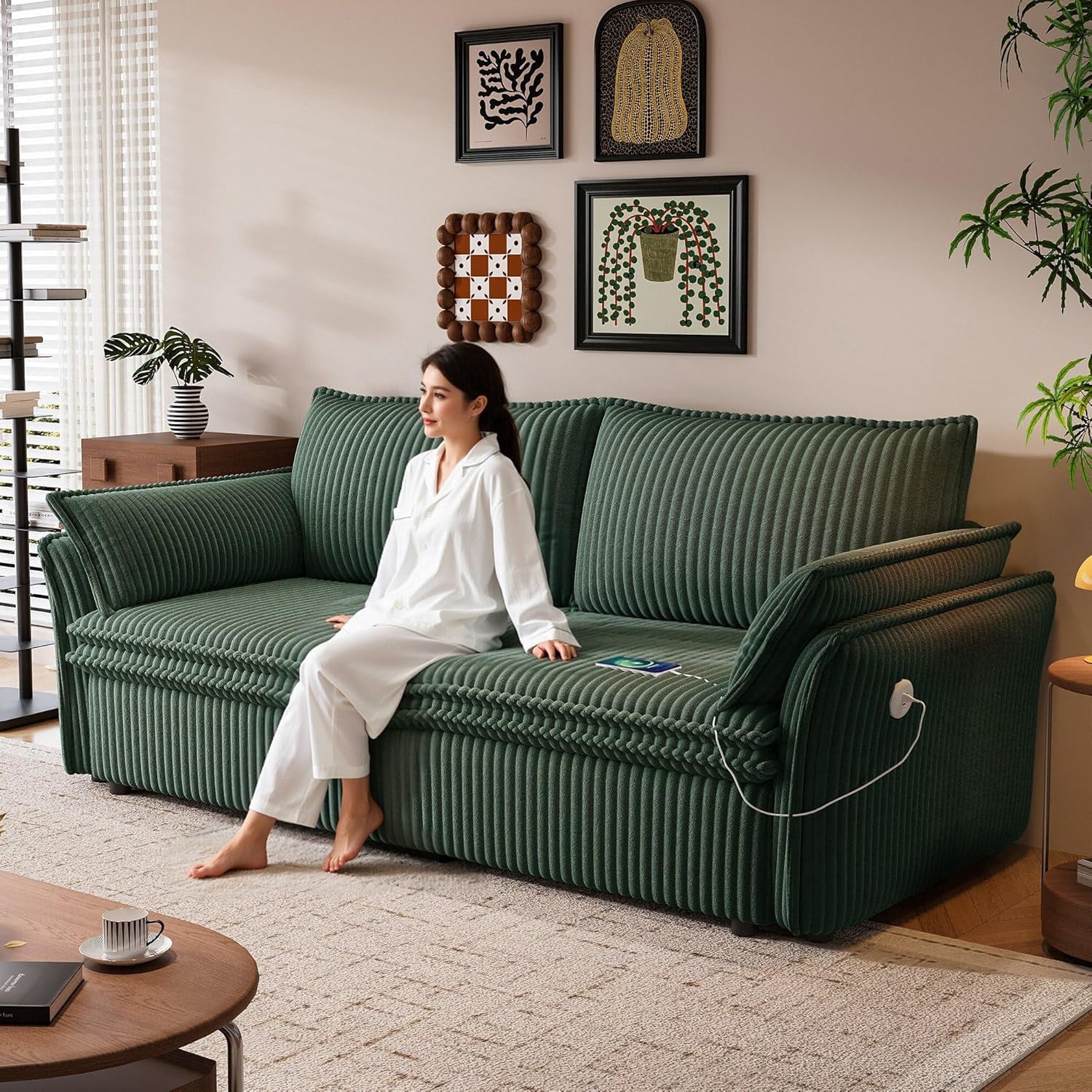 85'' Sofa Bed Full Size, Tool-Free Assembly, 3 in 1 Convertable Sleeper Sofa, Corduroy Couches with Pull Out Bed, USB & Storage, Modern Loveseat for Small Space, Living Room, Corduroy Green