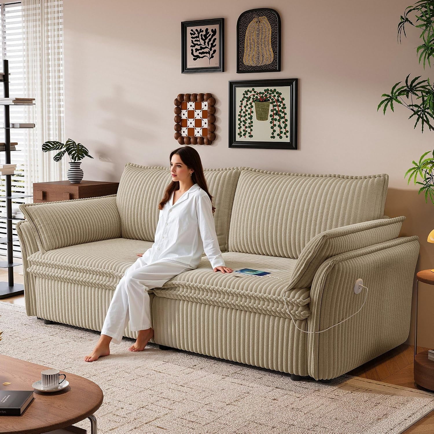 85'' Sofa Bed Full Size, Tool-Free Assembly, 3 in 1 Convertable Sleeper Sofa, Corduroy Couches with Pull Out Bed, USB & Storage, Modern Loveseat for Small Space, Living Room, Corduroy Camel