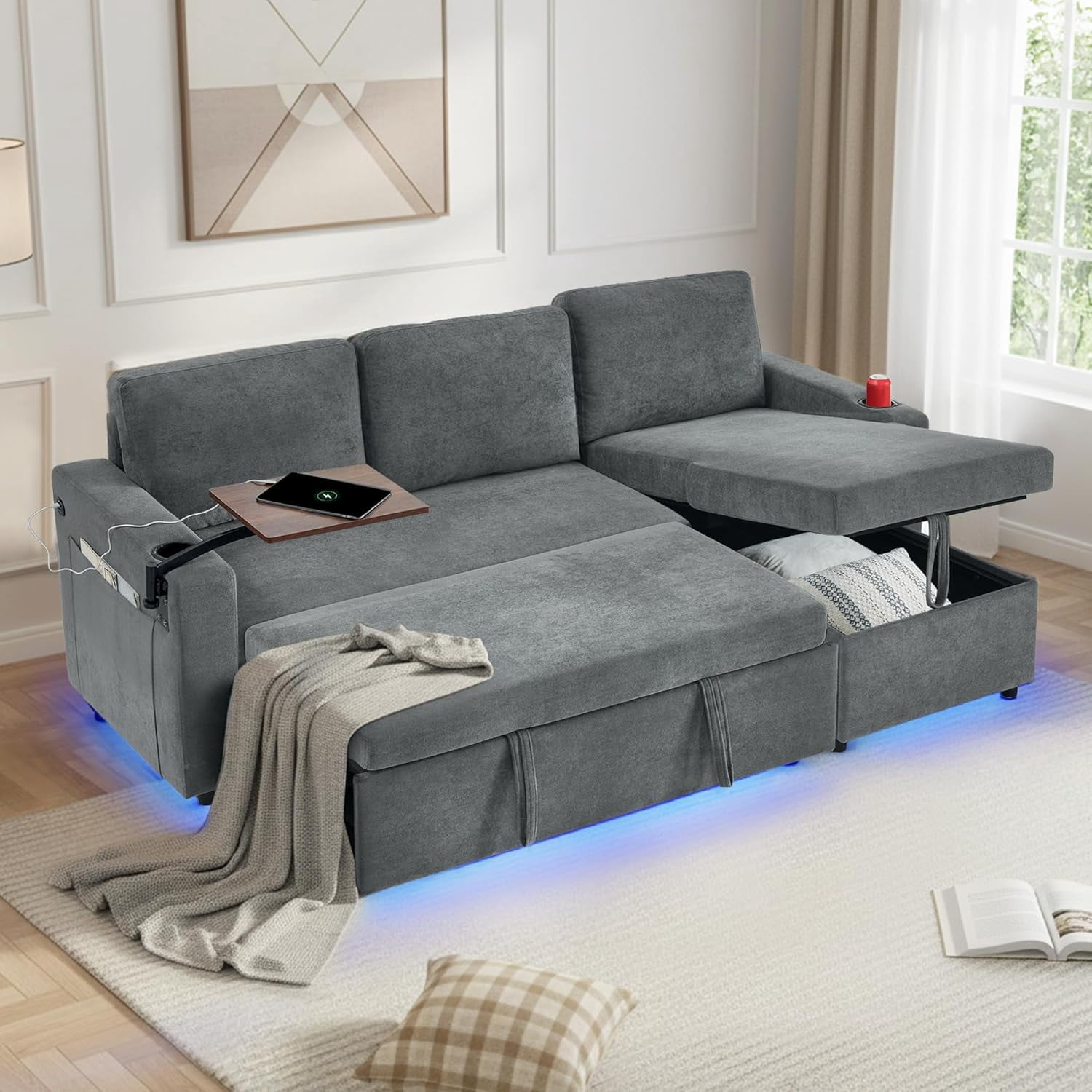 85'' Sofa Bed, L-Shape Pull Out Couch with Storage Chaise, Chenille ...