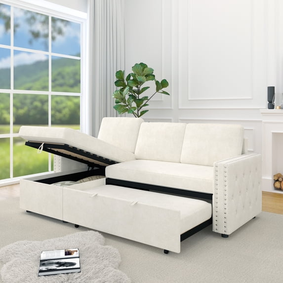 85“ Sofa Bed with Pull Out Couch, 3 Seater Sleeper Sofa with Storage Chaise for Living Room, Square Handrail with Copper Nail, Chenille-Beige