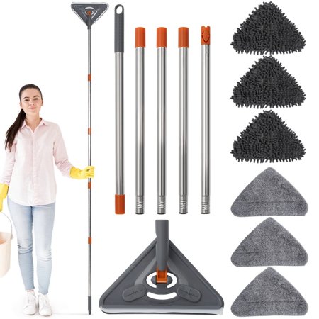 85" Triangle Cleaning Mop, 360°Rotatable Wall Cleaner with Long Handle, 39" to 85" Extendable Dust Mop with Replacement Pads for Floor, Ceiling, Wall, Baseboard