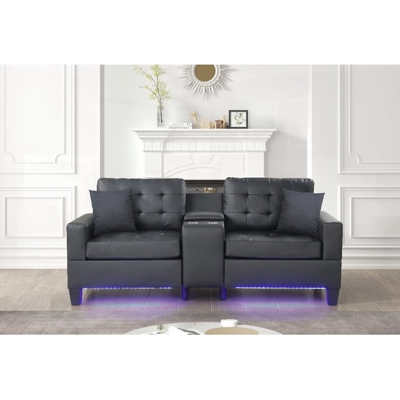 85"W Black PVC Fabric Genesis Sofa - LED & Storage