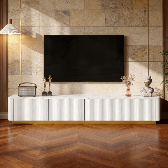 85" White TV Stand with Fluted Front, Faux Marble Top, 4 Drawers and Gold Base, Curved Profile Media Console
