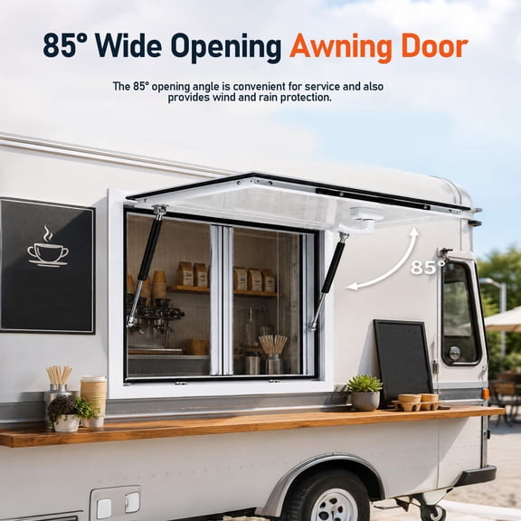 85 Wide Opening Food Truck Serving Window, Aluminum Weatherproof with Sun & Rain Blocking, Sliding Screen, Locking Handle, Hydraulic Rod & Drag Hook, 36x24 Inch for Food Trucks & Campers
