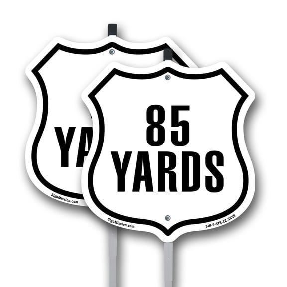 85 Yards Golf Course Running Race 5k Marathon Distance Marker (2 Pack) 12 inch X 12 inch Shield Shaped Commercial Grade Plastic Signs with Aluminum Mounting Stakes Weather Resistant