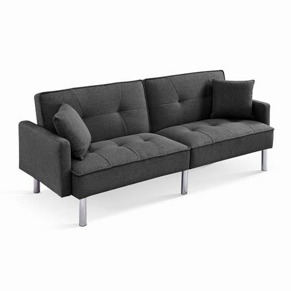 85 in. Polyester Blend Convertible Futon Sleeper Sofa with Toss Pillows, Dark Gray & Silver