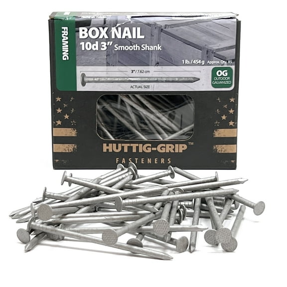 85 pcs Huttig-Grip 3 in Framing Box Nails 10d, Outdoor Galvanized Finish, 1 lb