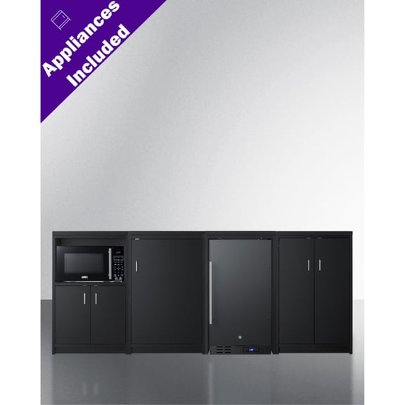 85" wide casework suite with refrigerator, microwave, and cabinets