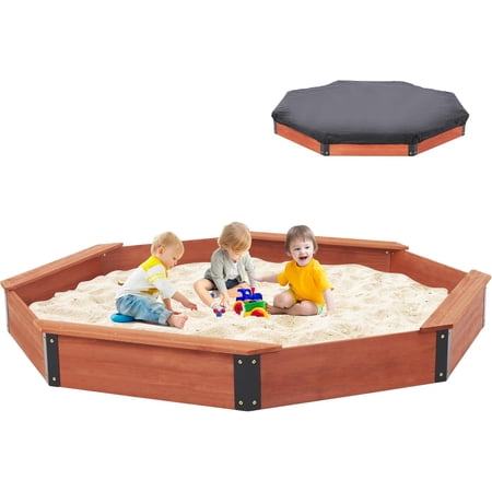 85''x78''x9'' Wooden Octagon Sandbox with Cover, Large Sandpit for Kids Outdoor Patio Backyard Play, Easy & Quick Assemble