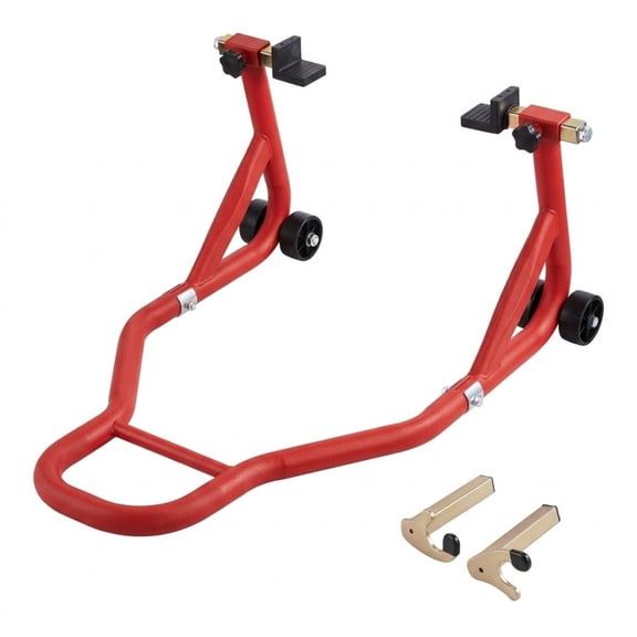 850 lbs Heavy Duty Motorcycle Rear Wheel Stand, Adjustable Lift Jack with U & L Fork Adapters for Yamaha, Honda, Kawasaki, Suzuki - Red