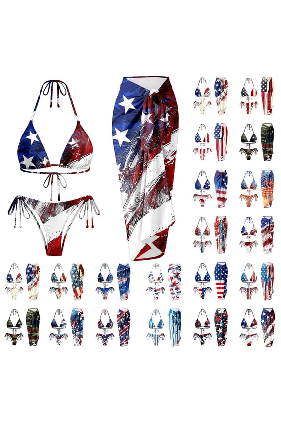 CAIXIA 2026 4th of July Bikini 3 Piece Patriotic Swimsuits for Women Red White and Blue American Flag Bathing Suit