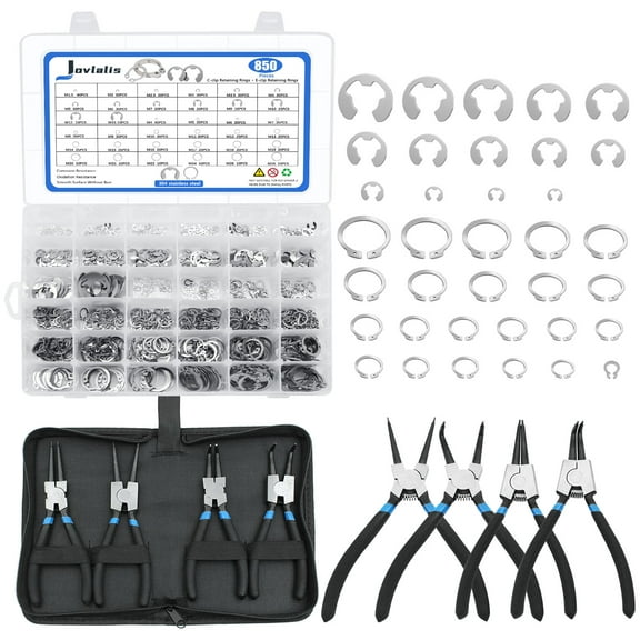 850Pcs C-clip External Retaining Rings Snap Rings Assortment Kit Circlip 304 Stainless Steel(M4-M28) + E-clip Retaining Rings Assortment Set(1.5mm-15mm) + 4-Piece 5-inch Snap Ring Pliers Set