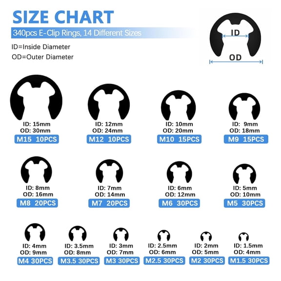 850Pcs C-clip External Retaining Rings Snap Rings Assortment Kit Circlip Alloy Steel(M4-M28) + E-clip Retaining Rings Assortment Set(1.5mm-15mm) + 4-Piece 7-inch Snap Ring Pliers Set