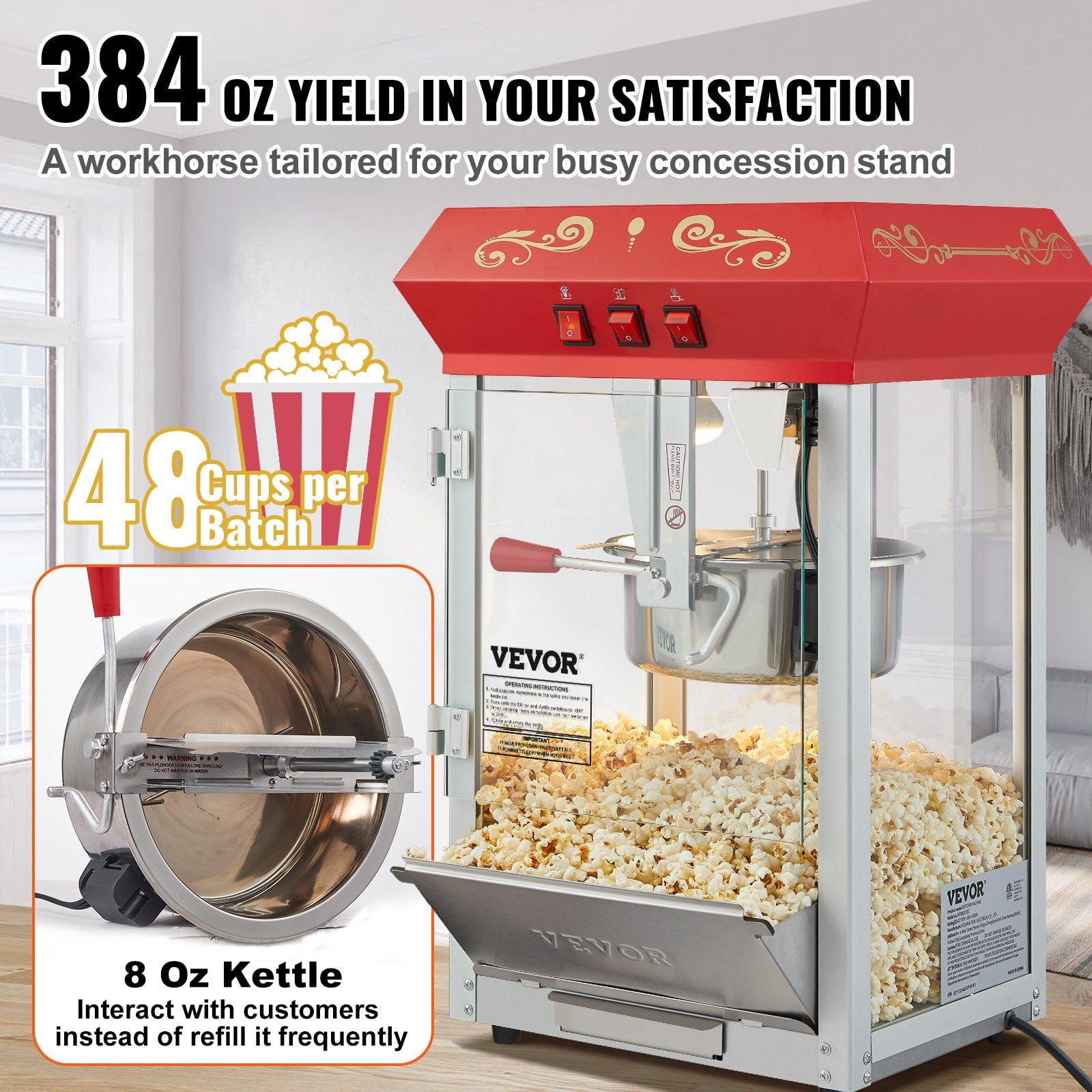 850W Red Popcorn Popper Machine, 8 Oz, Makes 48 Cups, Countertop ...