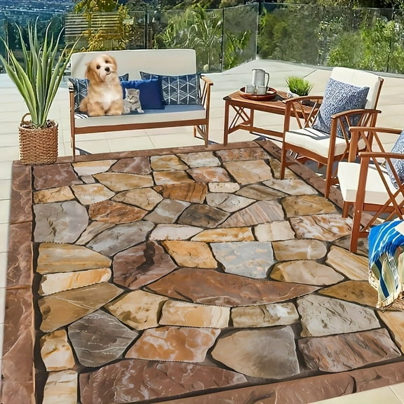 850g Thick Stone Texture Outdoor Mat - Non-Slip RV/Camping Golden Diamond Velvet - Machine Washable for Patio, Hallway & Indoor Use