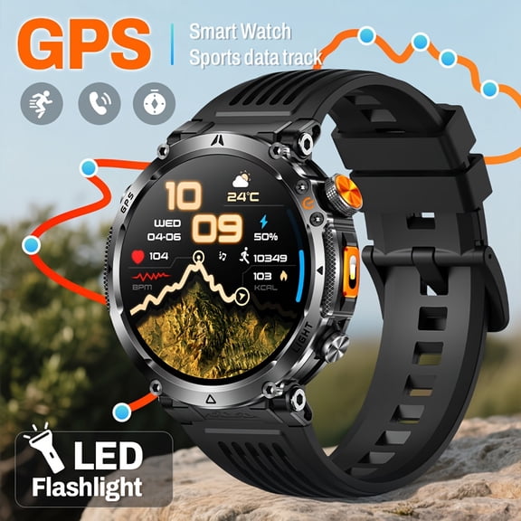 850mAh Outdoor GPS Smartwatch, 1.7" Round Display, Independent GPS, Altimeter/Barometer, LED Light, Professional Compass, 3ATM