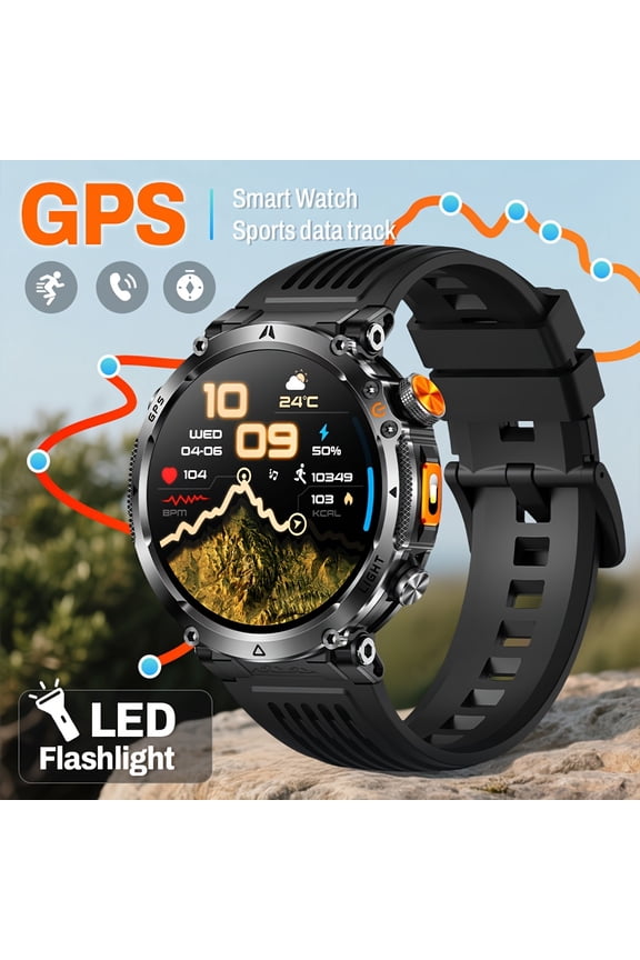 850mAh Outdoor GPS Smartwatch, 1.7" Round Display, Independent GPS, Altimeter/Barometer, LED Light, Professional Compass, 3ATM