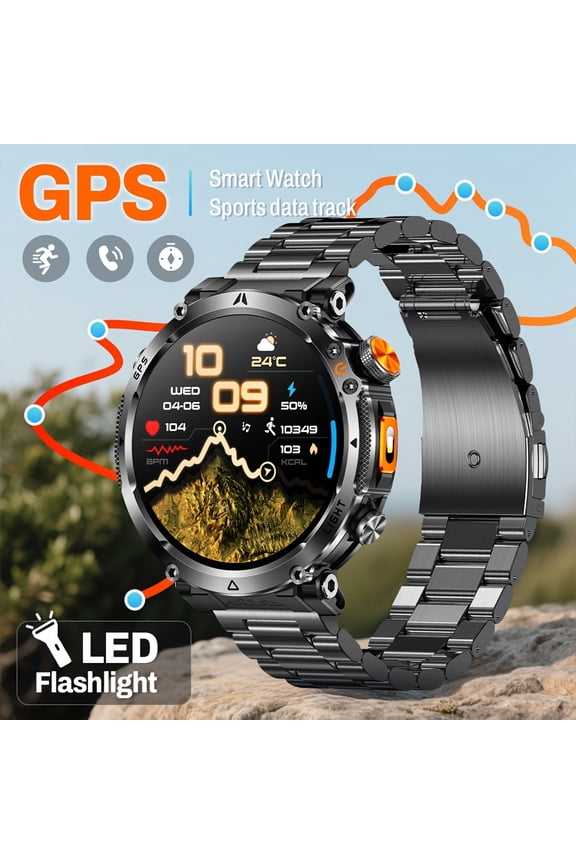 850mAh Outdoor GPS Smartwatch, 1.7" Round Display, Independent GPS, Altimeter/Barometer, LED Light, Professional Compass, 3ATM