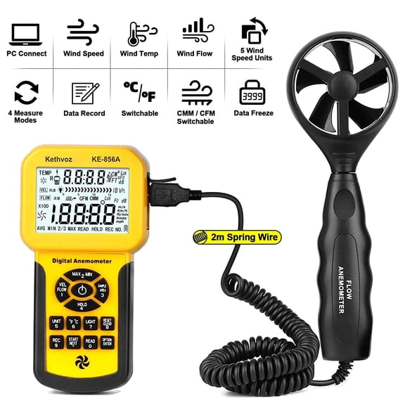 856A HVAC Anemometer, Commercial CFM/CMM Air Flow Tester w/USB Data Storage & PC Connect - Measures Wind Speed, Air Volume, Temperature for AC, Ducts, Dust Collection Systems