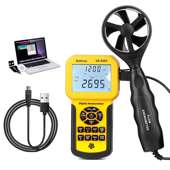 856A HVAC Anemometer, Commercial CFM/CMM Air Flow Tester w/USB Data Storage & PC Connect - Measures Wind Speed, Air Volume, Temperature for AC, Ducts, Dust Collection Systems