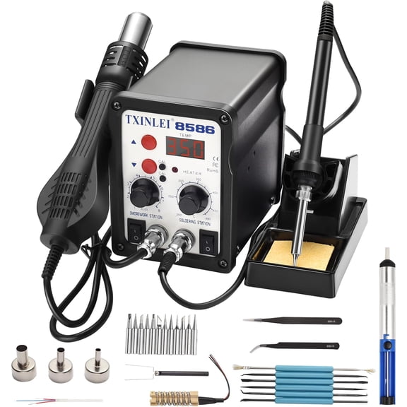 8586 110V Solder Station, 2 in 1 Digital Display SMD Hot Air Rework Station and Soldering Iron, 12pcs Different Soldering Tips, Tweezers,Desoldering Pump,700W 480