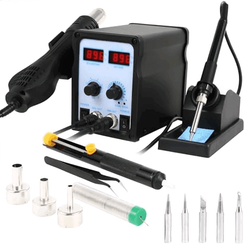 8586 SMD Hot Air Rework Station 2 IN 1 Digital Soldering Iron & Heat Air Gun with 5 Solder Tips, 1 Solder Sucker, 1 Solder Wire, 1 Curved Tweezer, 3 Nozzles Kit$$