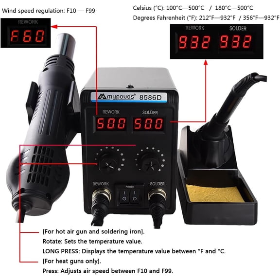 8586D 110V Solder Station, 2 in 1 LCD Dual Digital Display SMD Hot Air Gun Rework Station and Soldering Iron, 750W