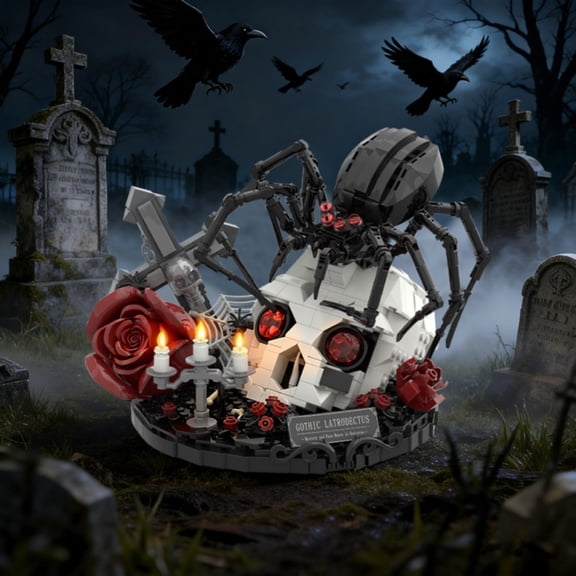 859 Pcs Halloween Gothic Skull Spider Building Blocks Set, Black Widow & Red Rose Model, Spooky Horror Desktop Decor Gift