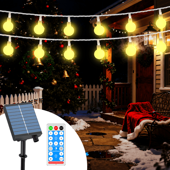 85FT Solar Globe Warm White String Light 160LED, 8 Modes IP67 Patio Lights, Type-C Charging, Timer and Memory Function for Camping, Garden, Patio, Bedroom, Indoor or Outdoor