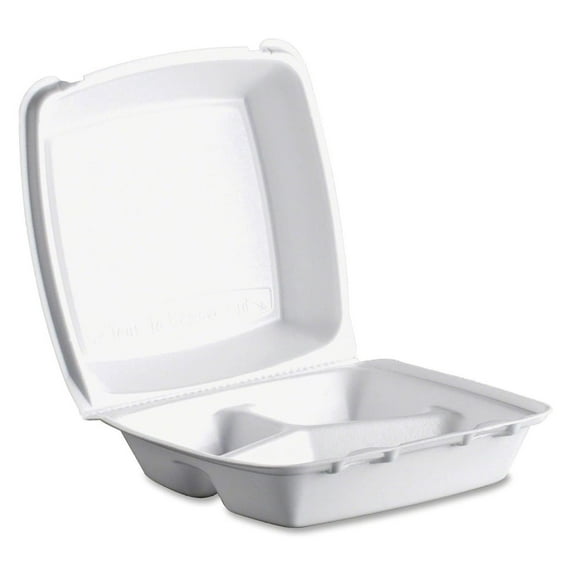 85HT3R Foam Container, Hinged Lid, 3-Comp, 8 3/8 x 7 7/8 x 3 1/4, 200/Carton